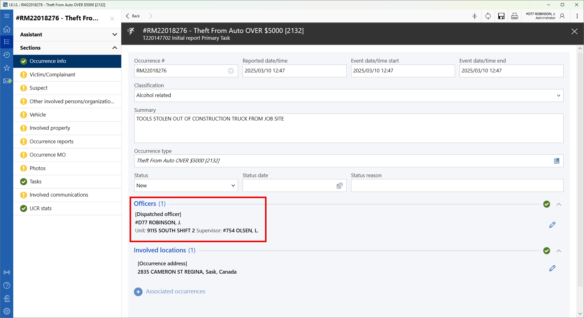 Officers Unit and Supervisor Displayed